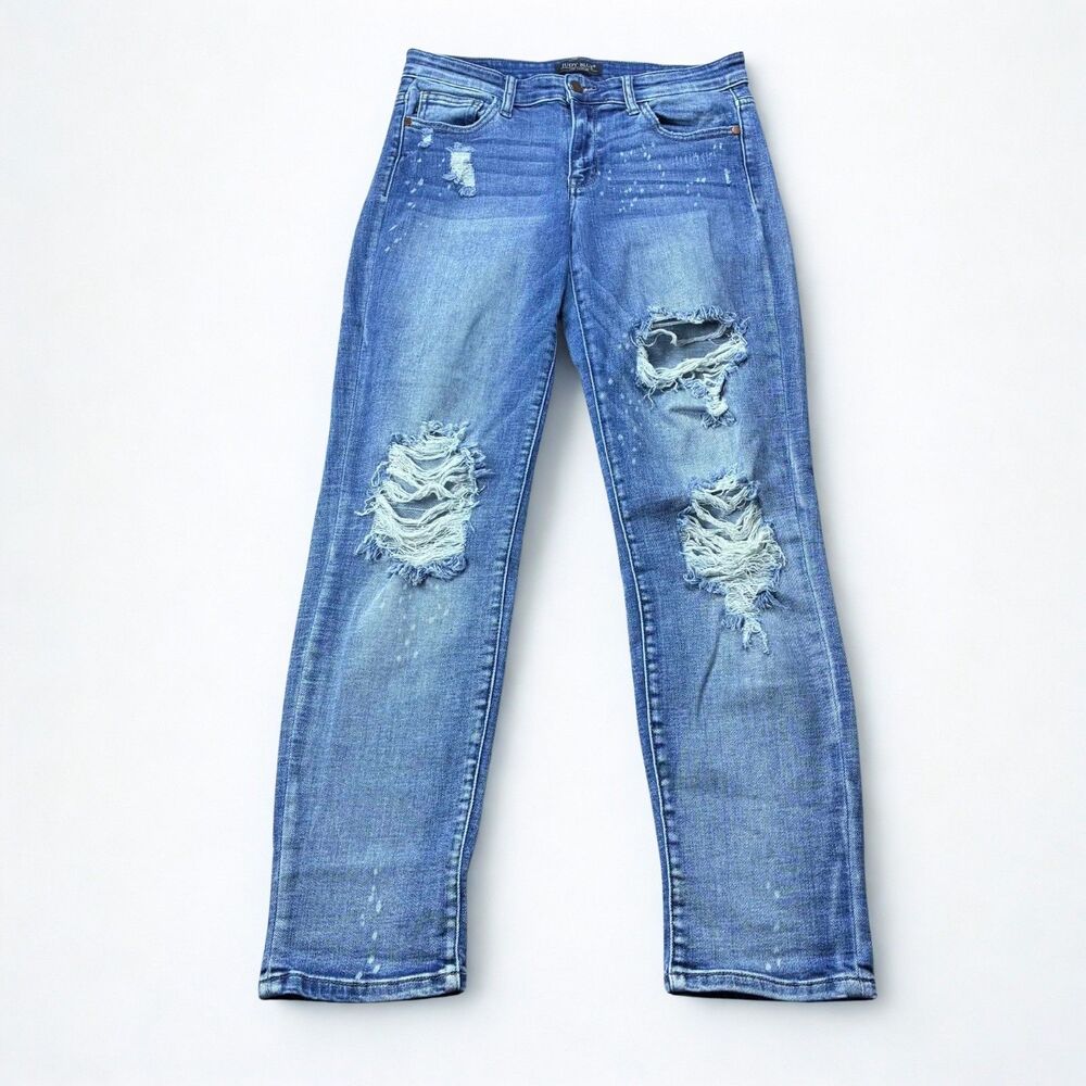 Judy Blue Boyfriend Jeans Womens 7 28 Distressed Ripped Medium Wash Stretch